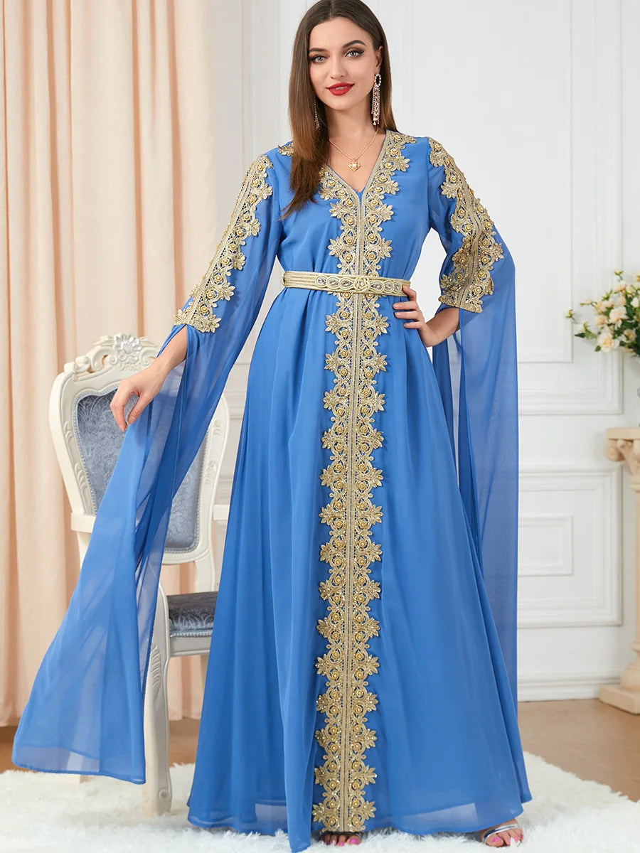 Robe mousseline soie brodée femmes musulmanes, abayas Dubaï, manches longues - Mode luxe abordable