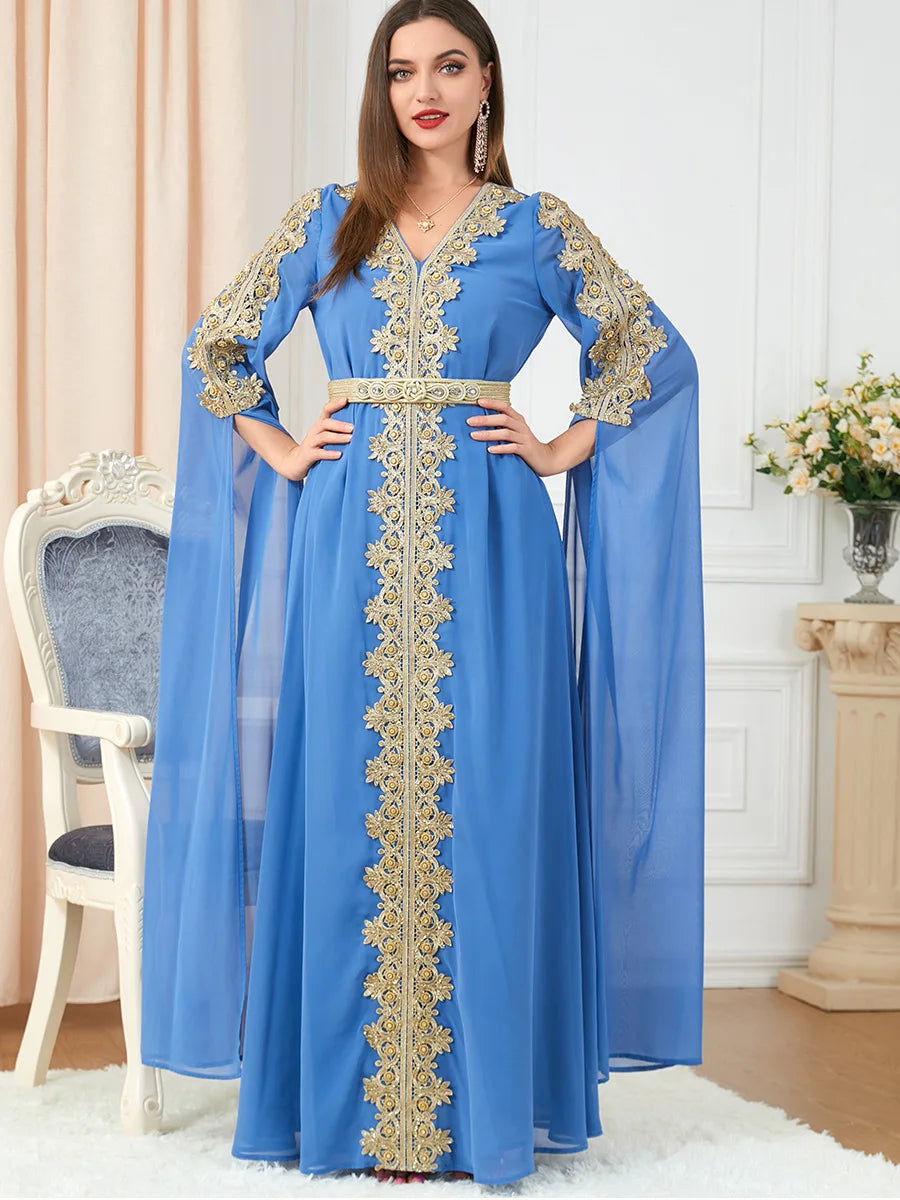 Robe mousseline soie brodée femmes musulmanes, abayas Dubaï, manches longues - Mode luxe abordable