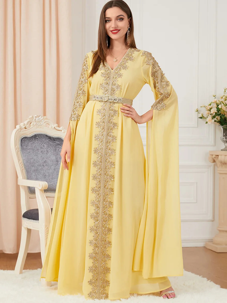 Robe mousseline soie brodée femmes musulmanes, abayas Dubaï, manches longues - Mode luxe abordable