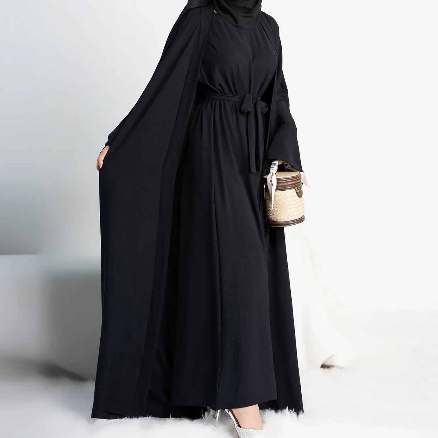 Ensemble 2 Pièces pour Femme Musulmane - Abaya Kimono avec Robe Intérieure sans Manches