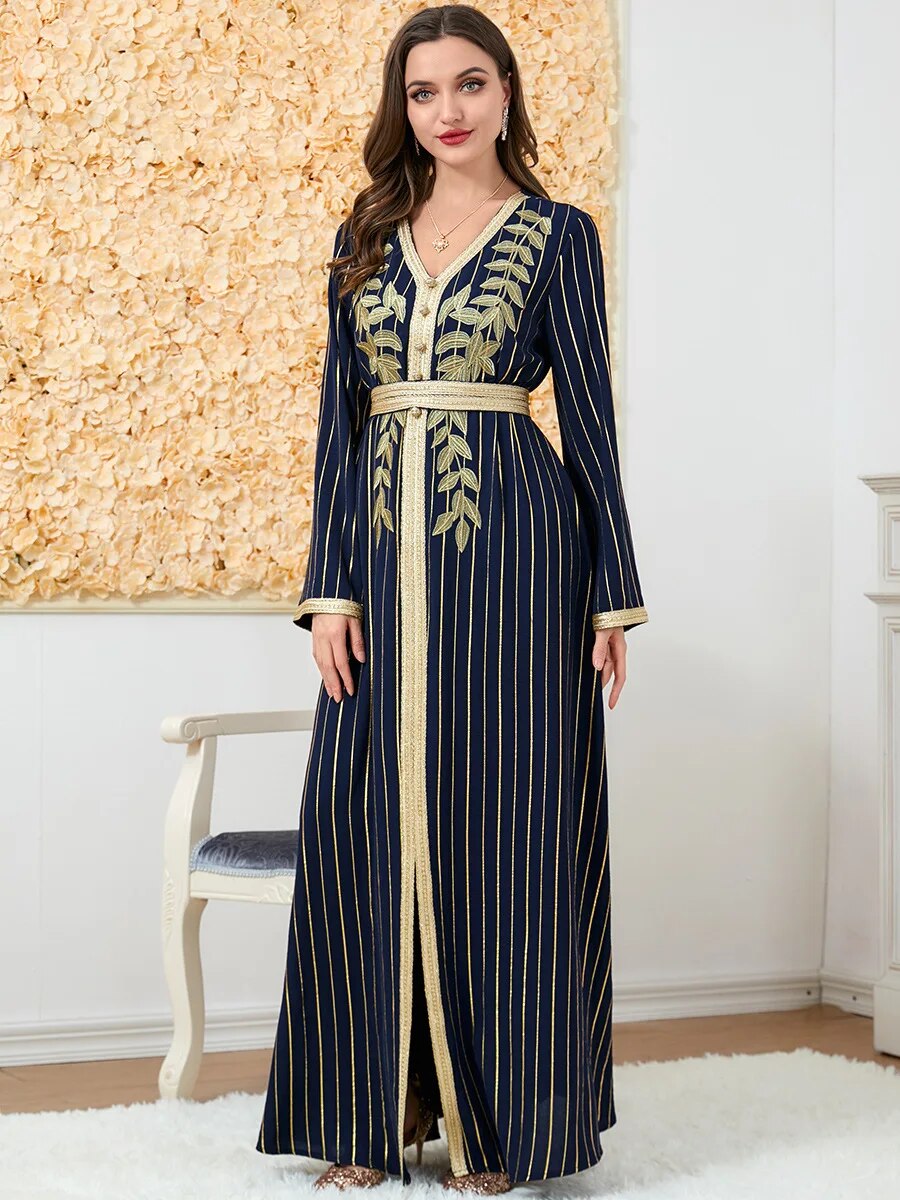 Kaftan Marocain Élégant à Rayures - Robe de Soirée Abayas