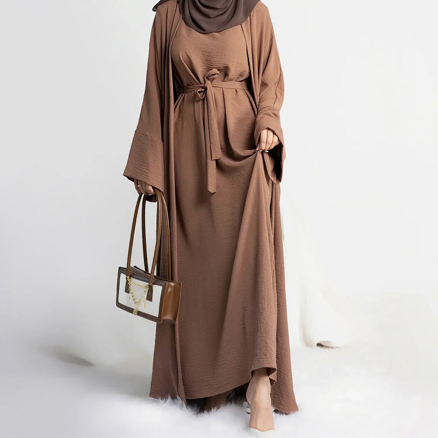 Ensemble 2 Pièces pour Femme Musulmane - Abaya Kimono avec Robe Intérieure sans Manches