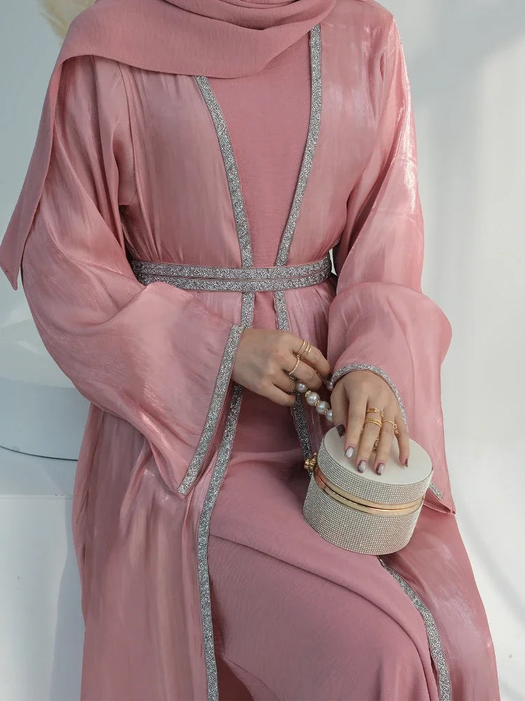 Ensemble 2 Pièces Abaya pour Femmes - Robe de l'Aïd avec Diamants et Cardigan Marocain