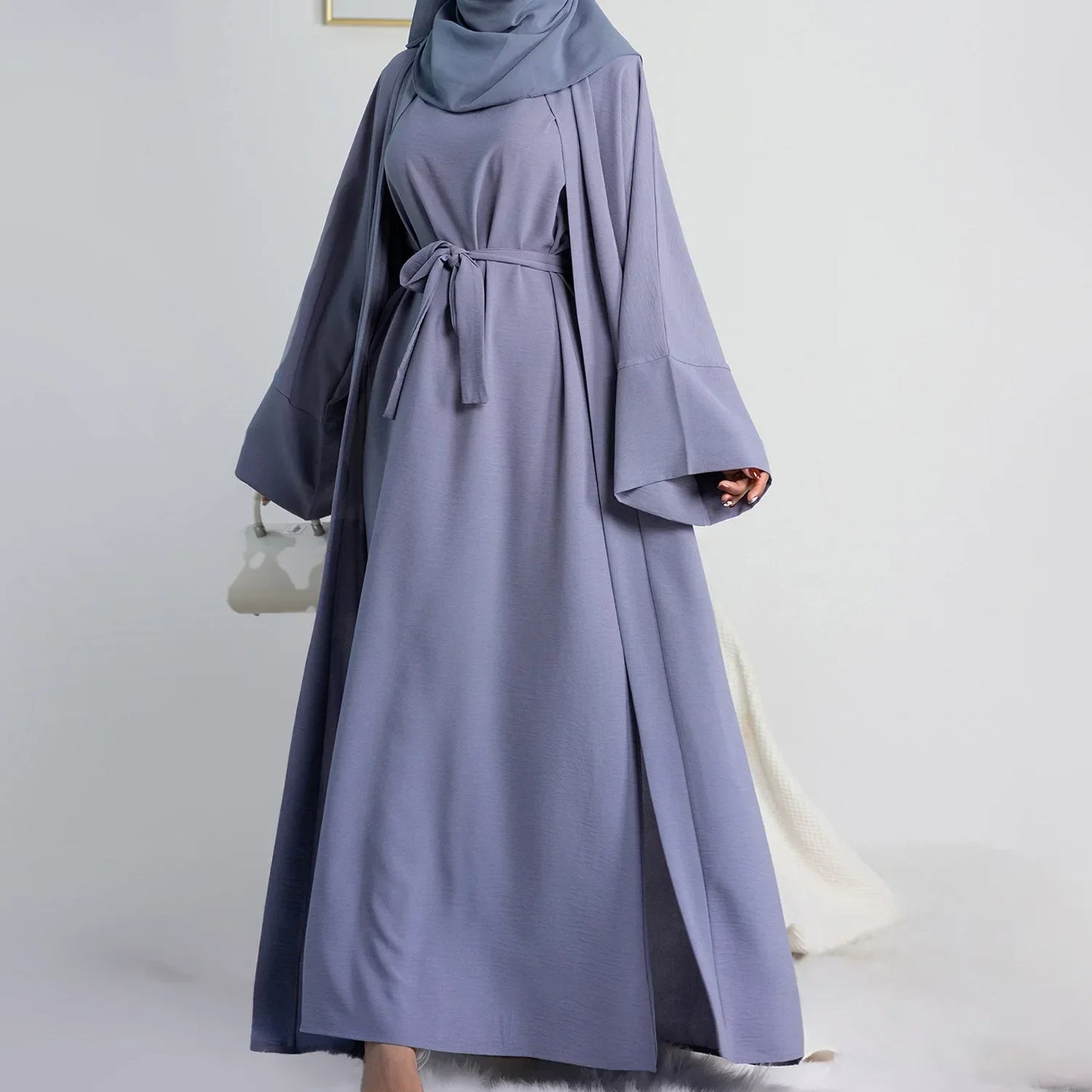 Ensemble 2 Pièces pour Femme Musulmane - Abaya Kimono avec Robe Intérieure sans Manches