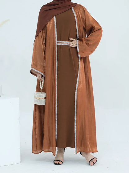 Ensemble 2 Pièces Abaya pour Femmes - Robe de l'Aïd avec Diamants et Cardigan Marocain