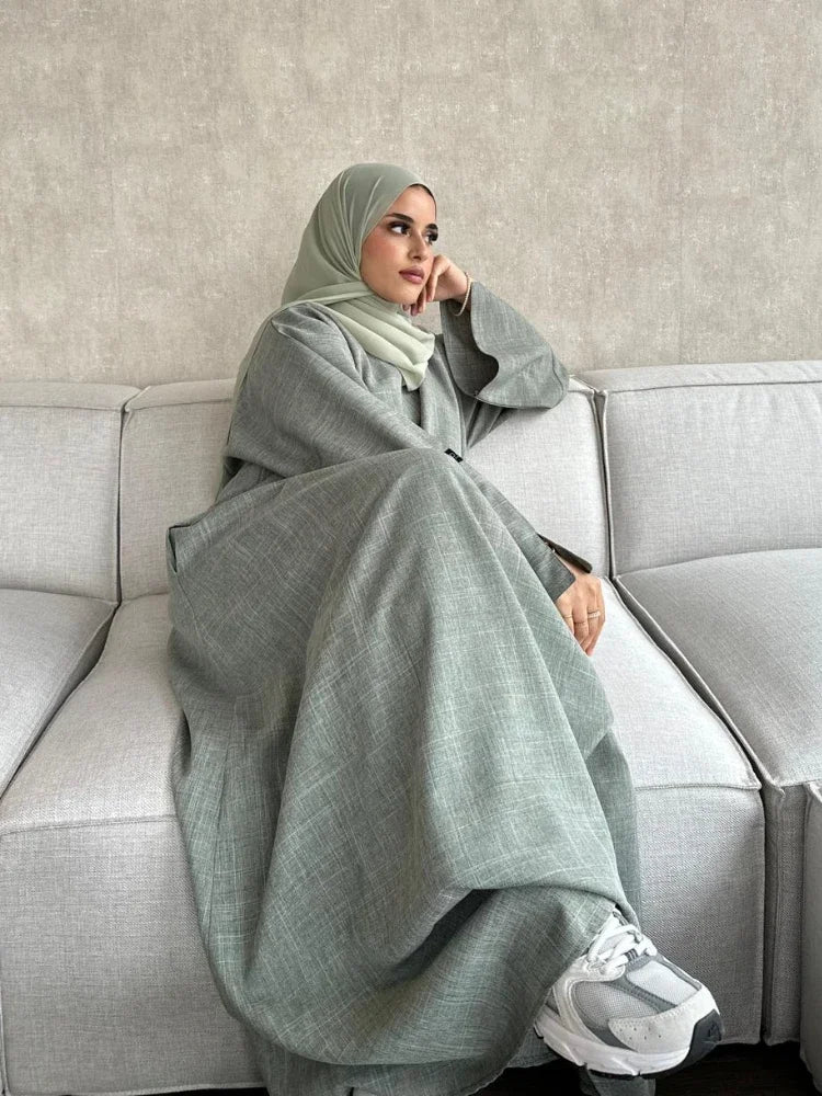 Abaya en Lin Fermée de Luxe de Dubaï - Robe Hijab Musulmane Turque Décontractée