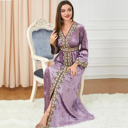 Robe en Velours Doré à Manches Longues