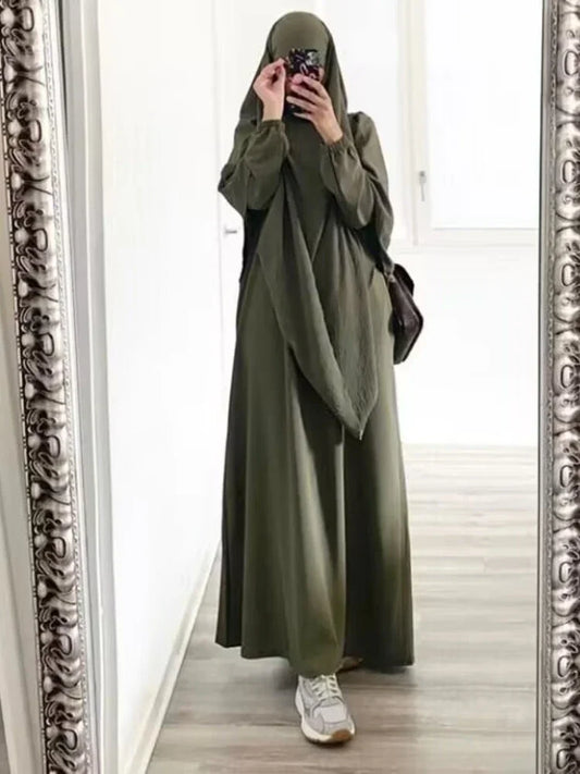 Ensemble 2 Pièces Abaya et Hijab pour Femmes Musulmanes - Tenue Longue de Prière pour l'Aïd