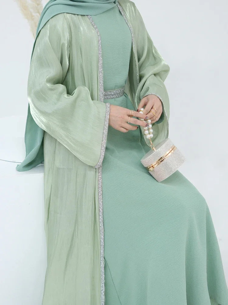 Ensemble 2 Pièces Abaya pour Femmes - Robe de l'Aïd avec Diamants et Cardigan Marocain