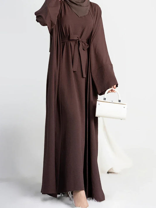 Ensemble 2 Pièces pour Femme Musulmane - Abaya Kimono avec Robe Intérieure sans Manches