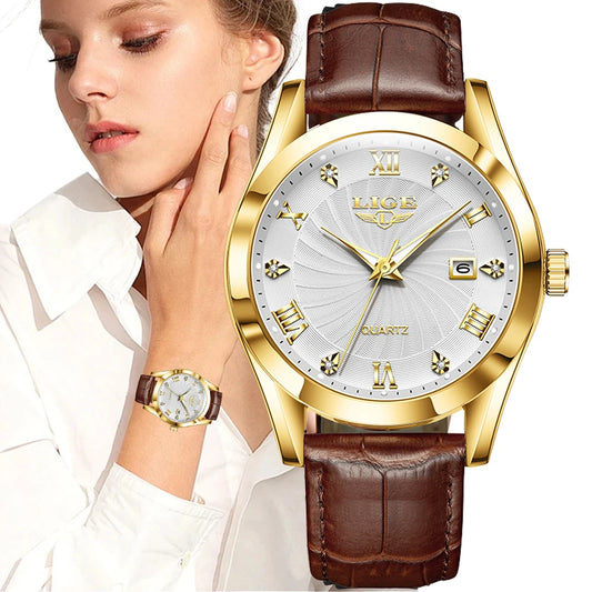 Montre Femme LIGE Luxe Étanche - Bracelet Cuir & Design Élégant