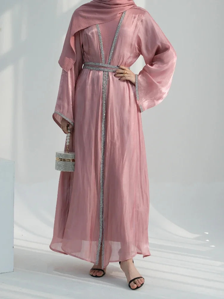 Ensemble 2 Pièces Abaya pour Femmes - Robe de l'Aïd avec Diamants et Cardigan Marocain